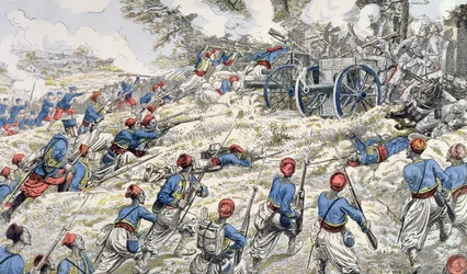 Fuzileiros argelinos do exército francês atacando armas alemãs durante a Batalha do Marne em 1918